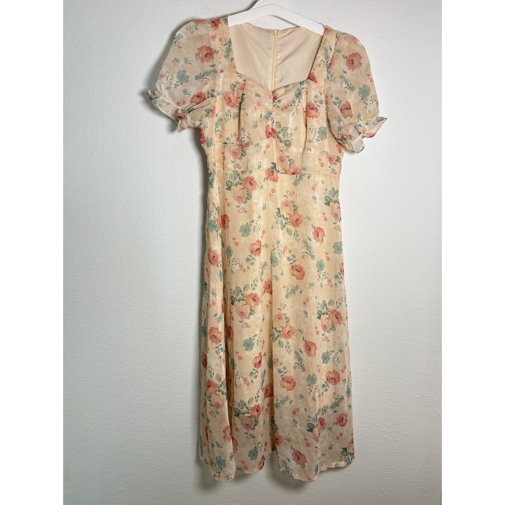 Floral Chiffon Midi Dress Peach Pink Sweetheart Neck Puff Sleeve Cottagecore